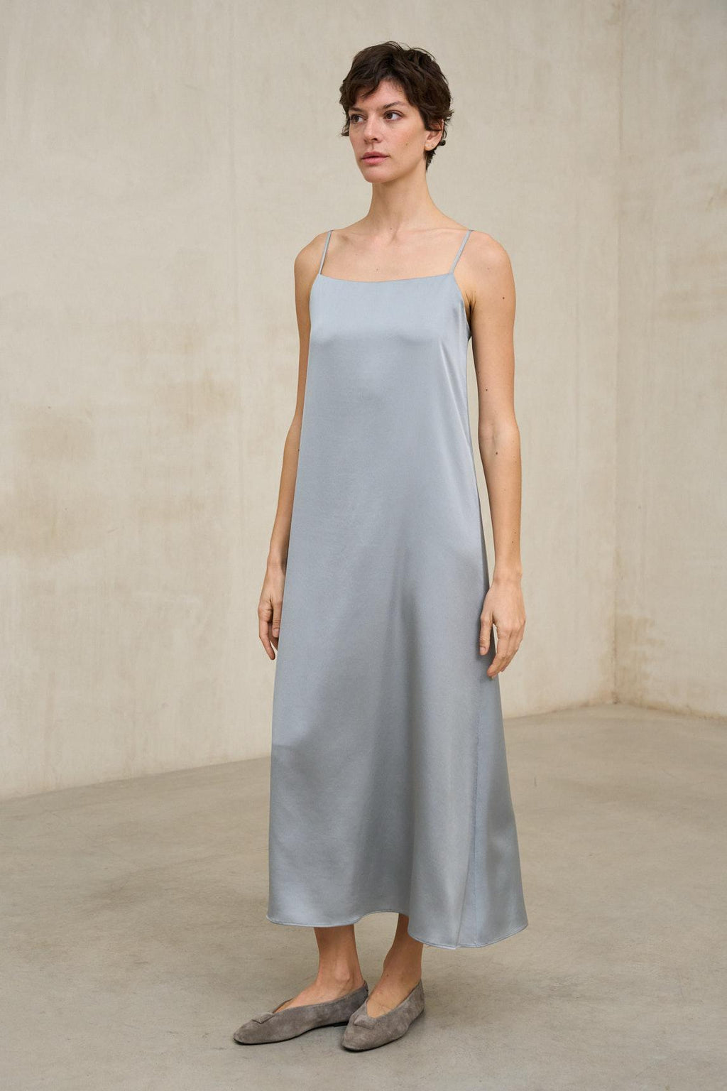 Soreya smoke blue dress with thin straps and A-line cut | Rivera